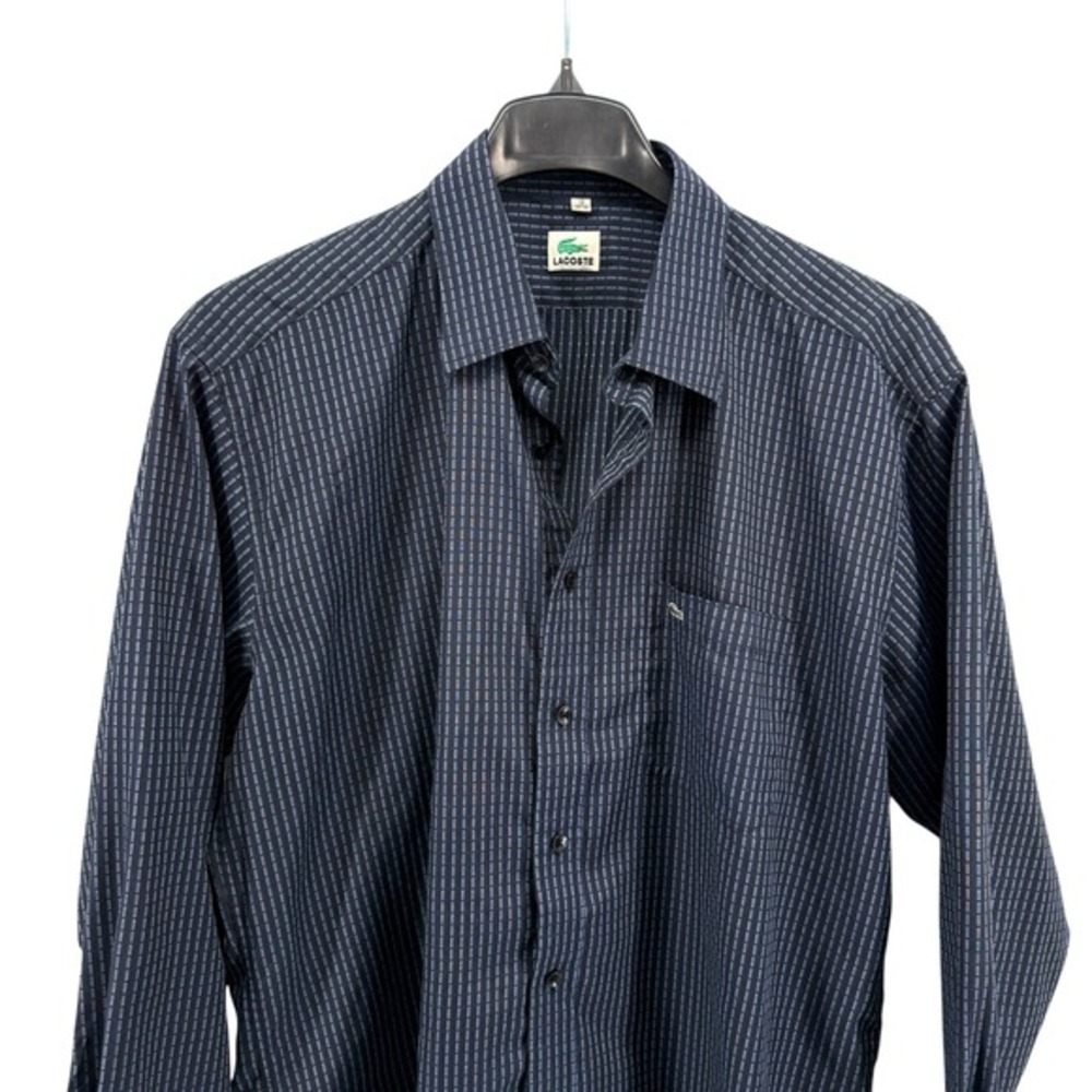 Lacoste Mens 18 (35-28) Navy Striped Dress Shirt Long Sleeve Button Down Pocket‎